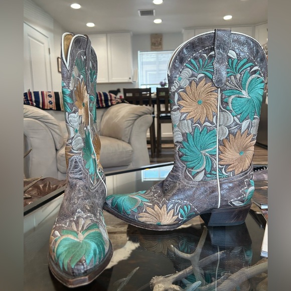 Roper Brown Boots with Green and Yellow Floral Design - Picture 2 of 7